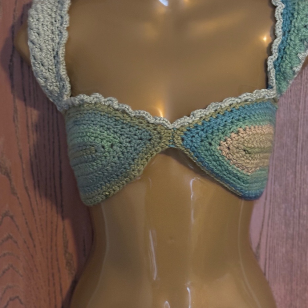 Handmade Crochet Bralette in Green and Tan